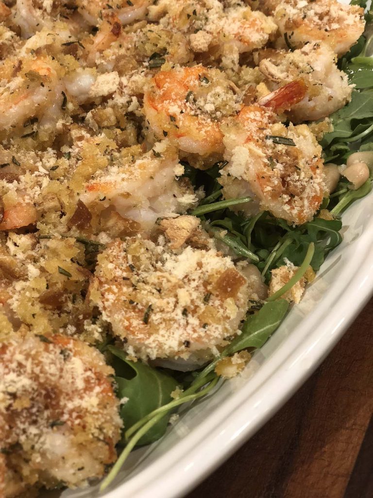 Herb Breaded Shrimp with Cannellini Bean Salad and Arugula